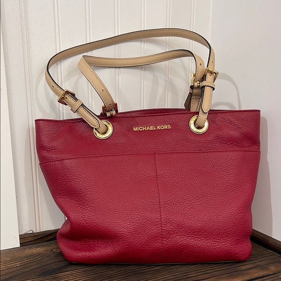 Like new Michael Kors Bedford Red and Tan Leather Pocket Tote with Gold Accents - Picture 1 of 8